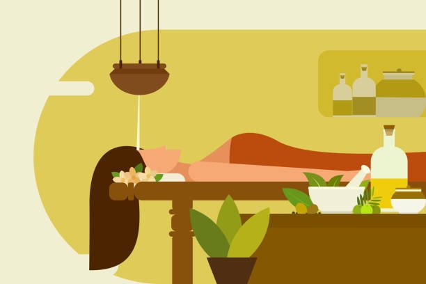 Illustration of a woman undergoing traditional Ayurvedic therapy 'Shirodhara'